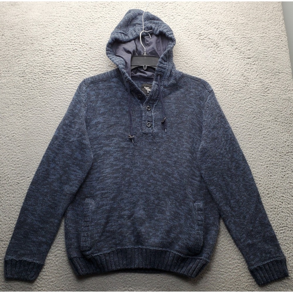 Cedar Wood State Hooded Henley Sweater Mens XL Blue Long Sleeve Knit Drawstring‎